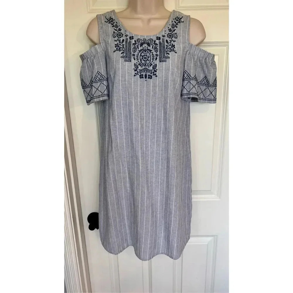 Knox Rose Women’s XS Embroidered Cold Shoulder Midi Dress‎ Grey Blue